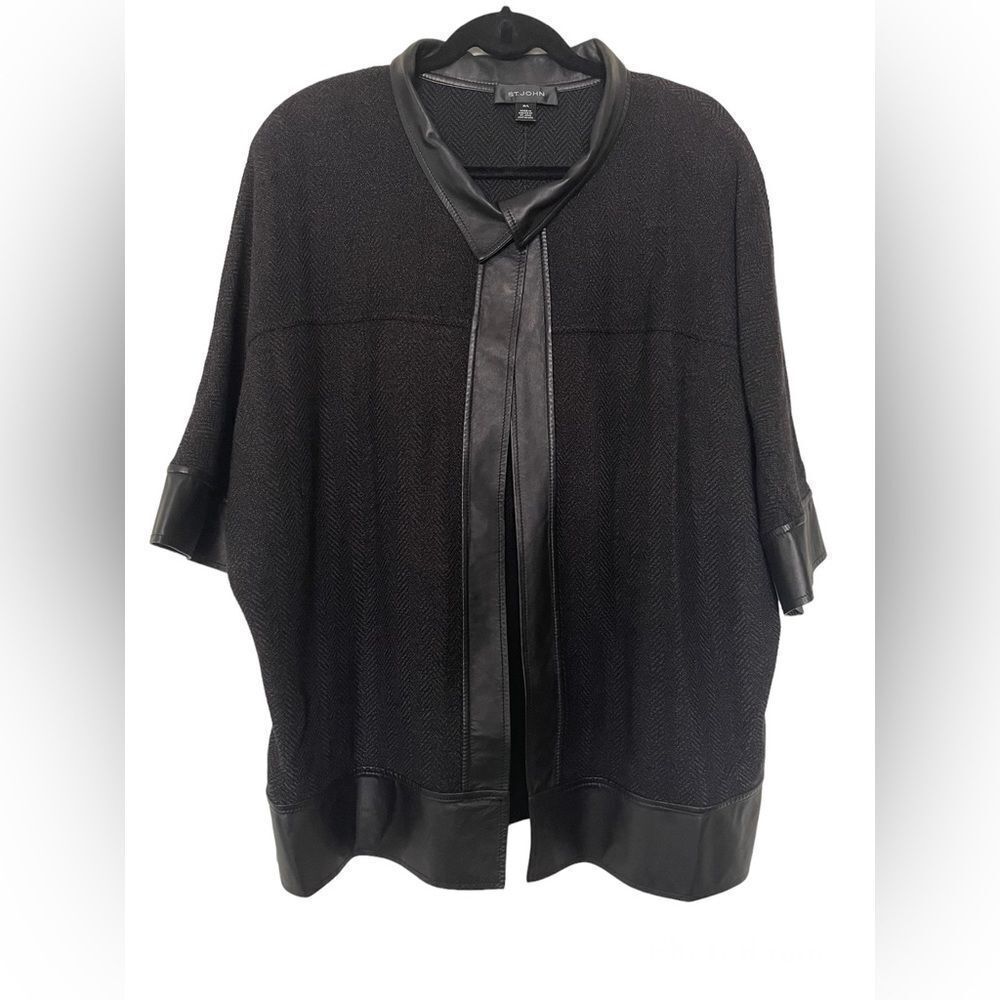 St. John Black Leather-Trim Knit Sweater Jacket
